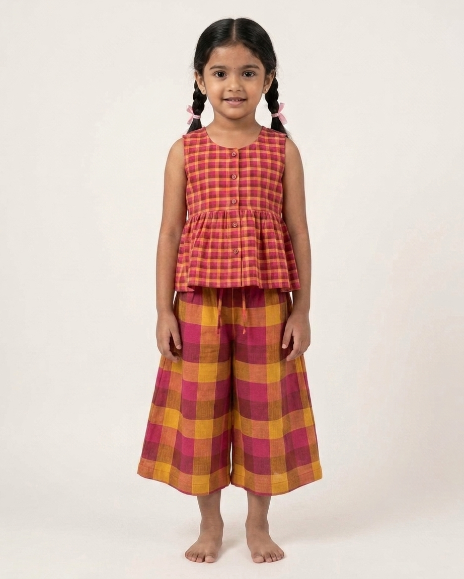 Pink Mustard Check Khadi Cotton Top & Culottes Set for Girls