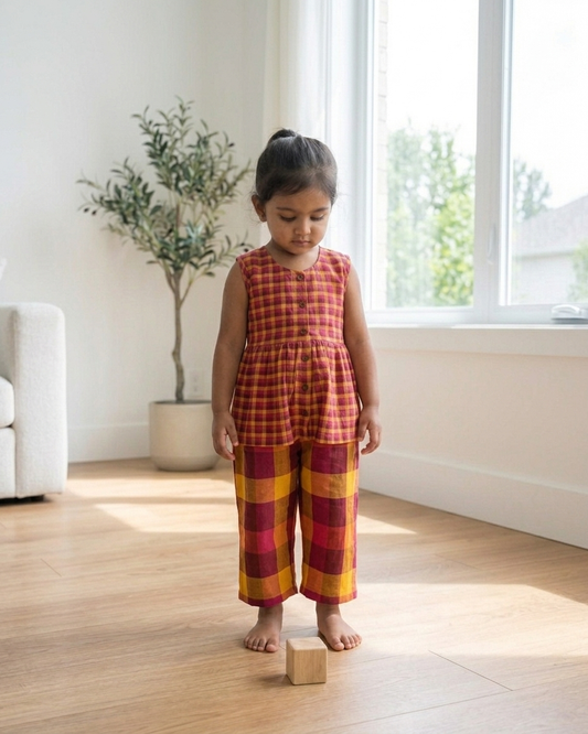 Pink Mustard Check Khadi Cotton Top & Culottes Set for Girls