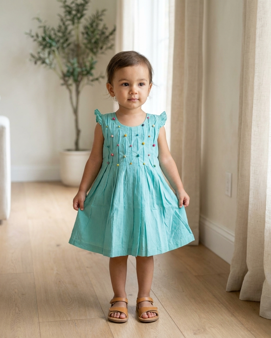 Turquoise Beaded Cotton Dress for Girls