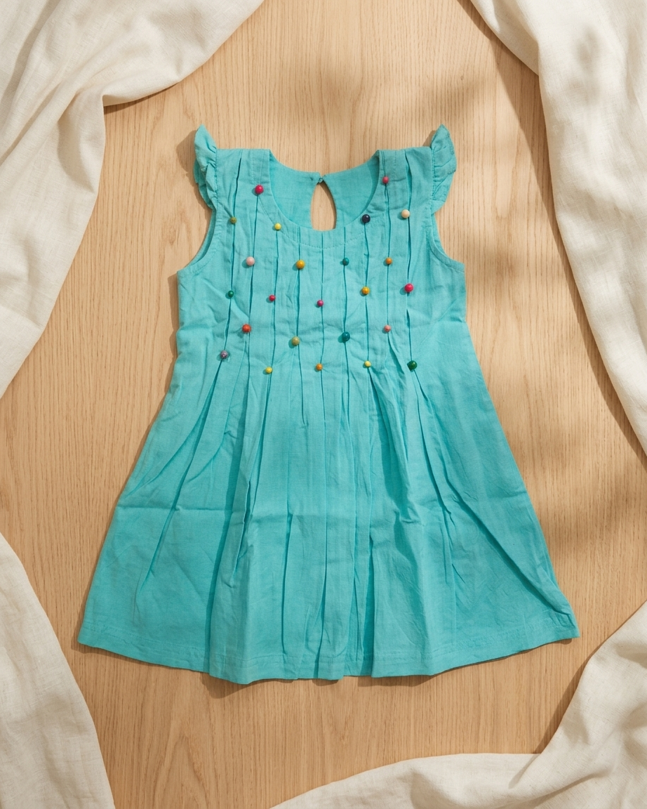 Turquoise Beaded Cotton Dress for Girls