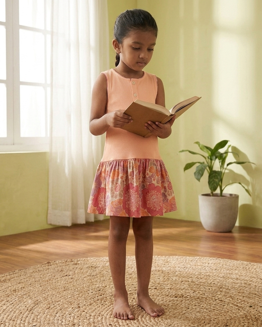Peach Floral Ribbed Cotton Dress for Girls