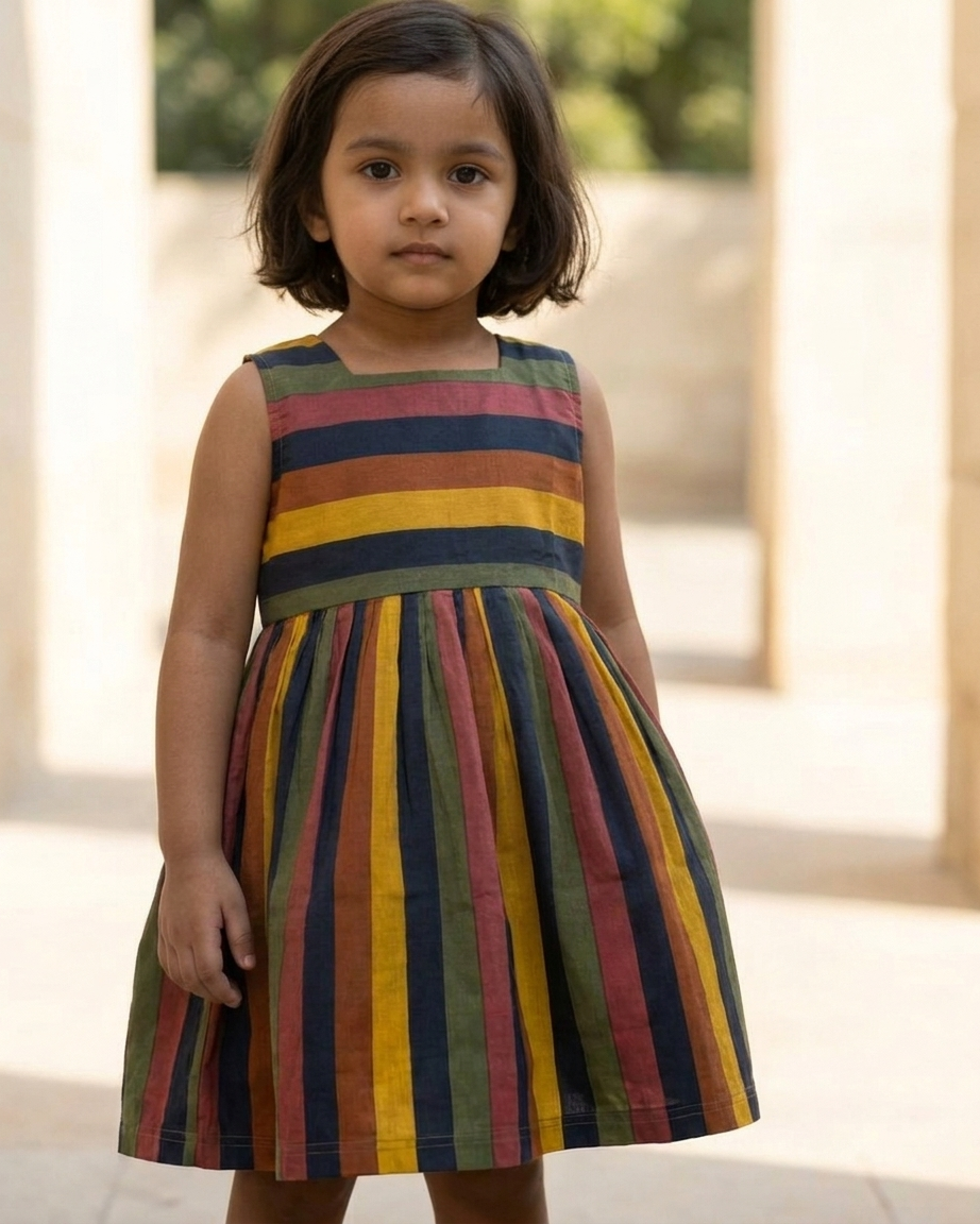 Mustard Navy Stripe Cotton Dress for Girls