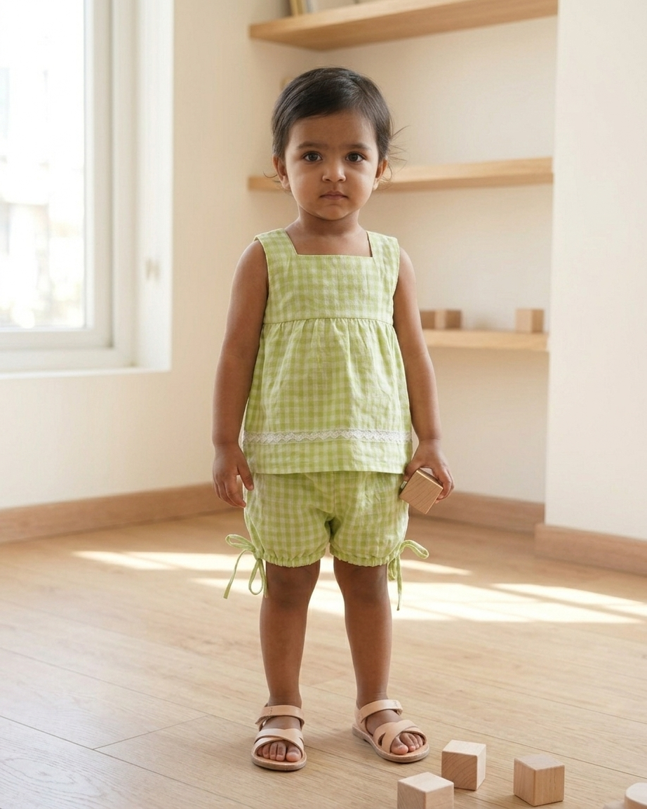 Lime Check Khadi Cotton Top & Bloomers Set for Girls