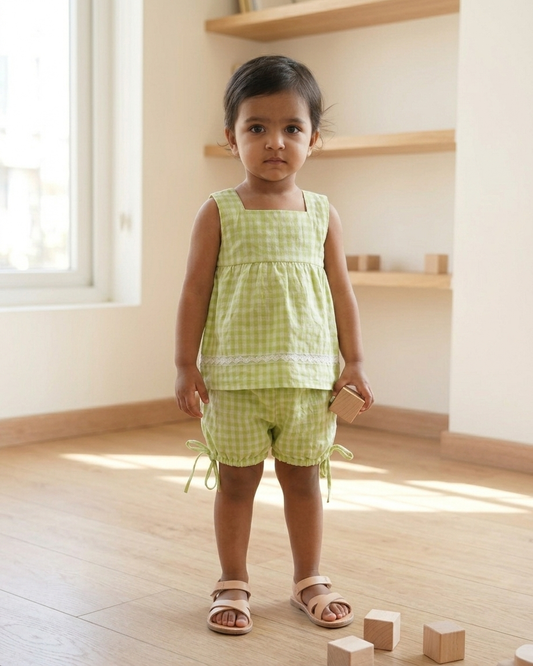 Lime Check Khadi Cotton Top & Bloomers Set for Girls