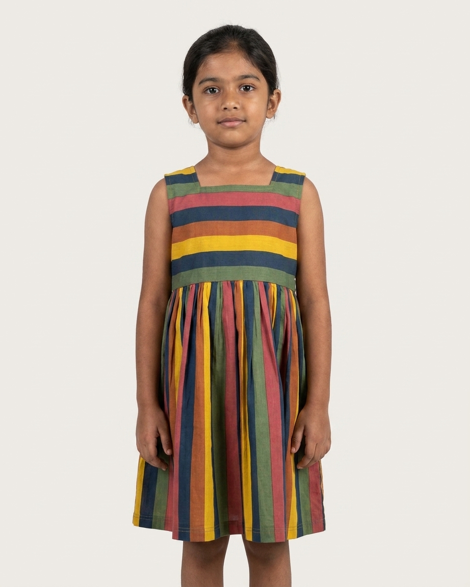 Mustard Navy Stripe Cotton Dress for Girls