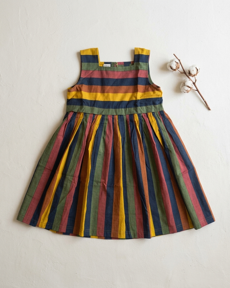 Mustard Navy Stripe Cotton Dress for Girls
