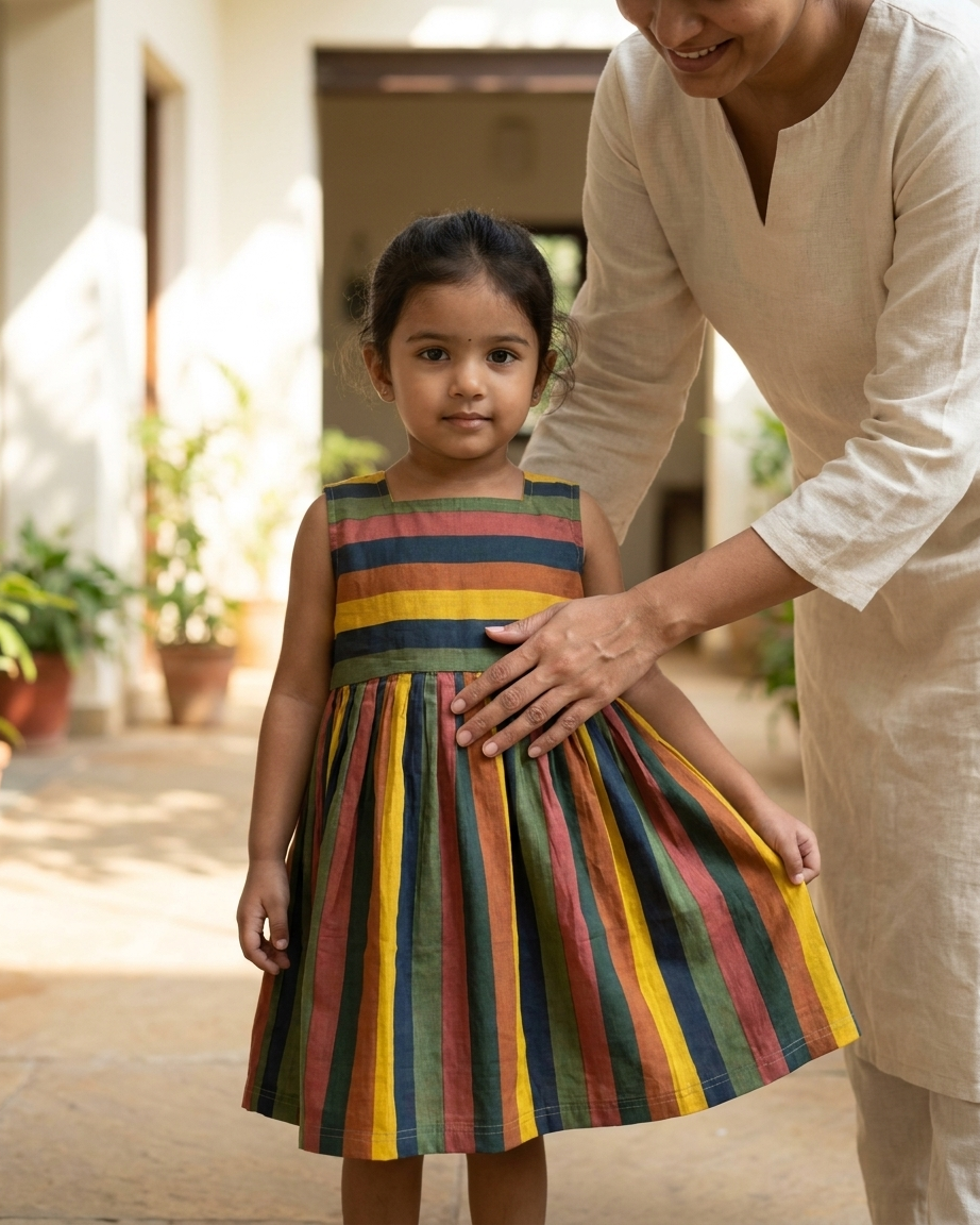 Mustard Navy Stripe Cotton Dress for Girls