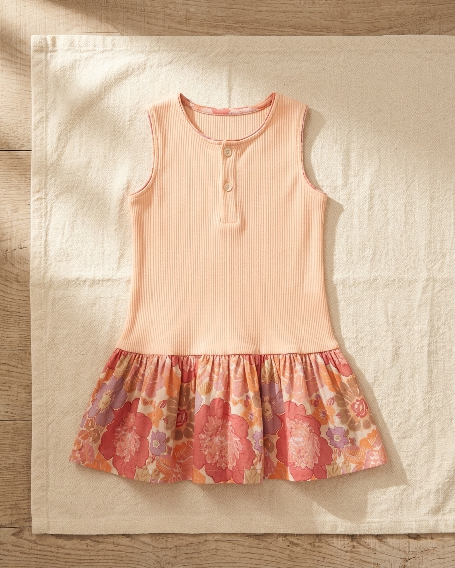 Peach Floral Ribbed Cotton Dress for Girls