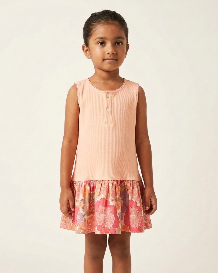 Peach Floral Ribbed Cotton Dress for Girls