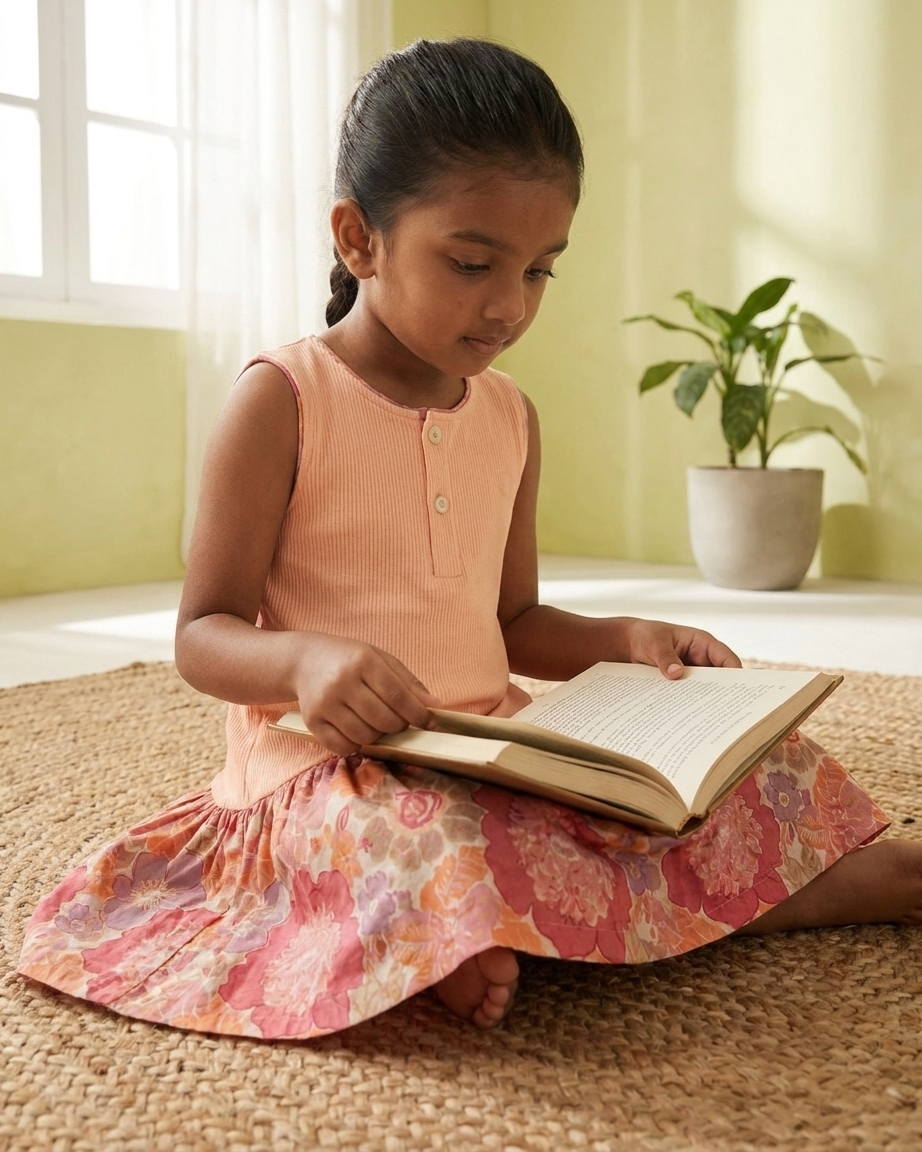 Peach Floral Ribbed Cotton Dress for Girls