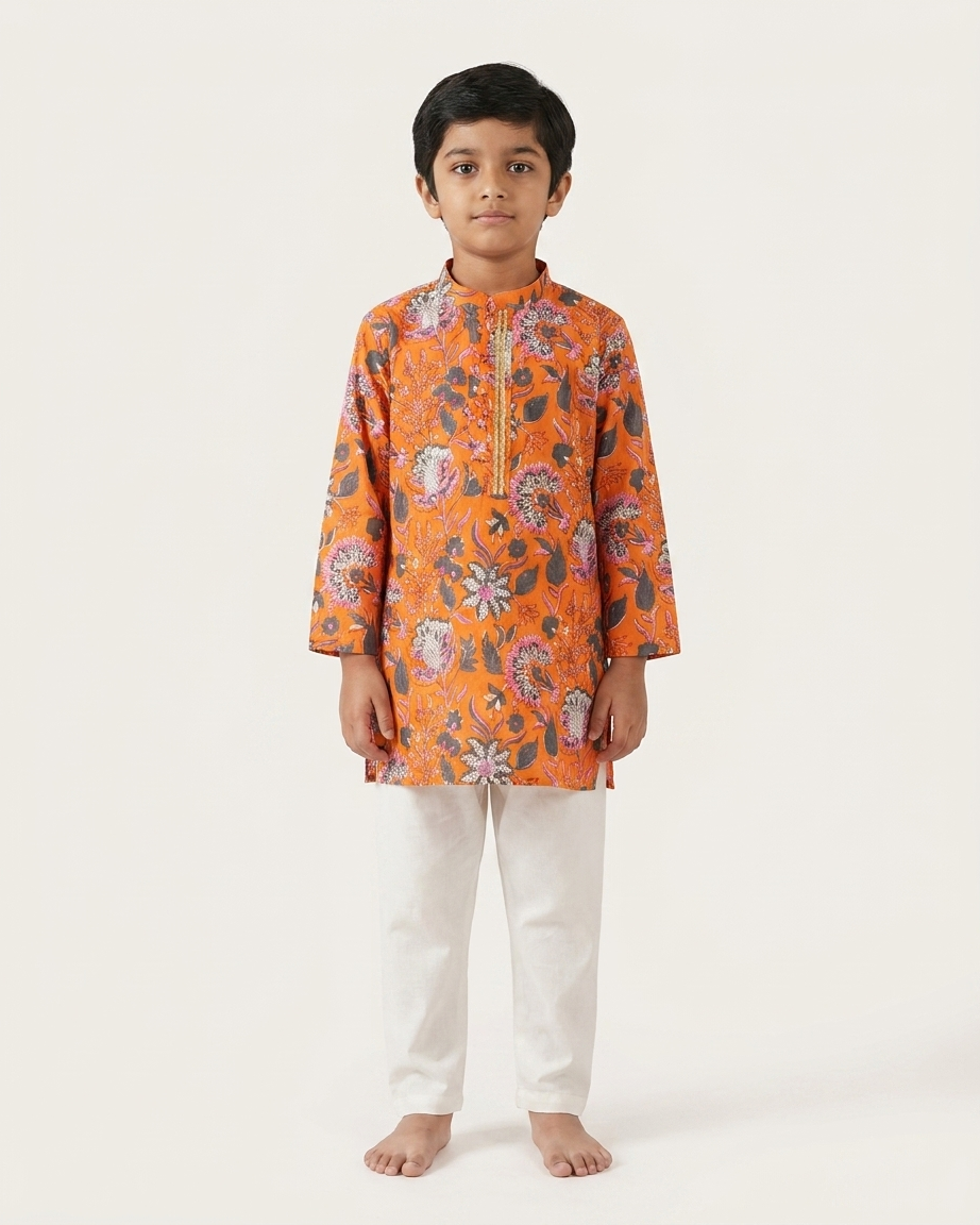 Orange Floral Cotton Kurta Set
