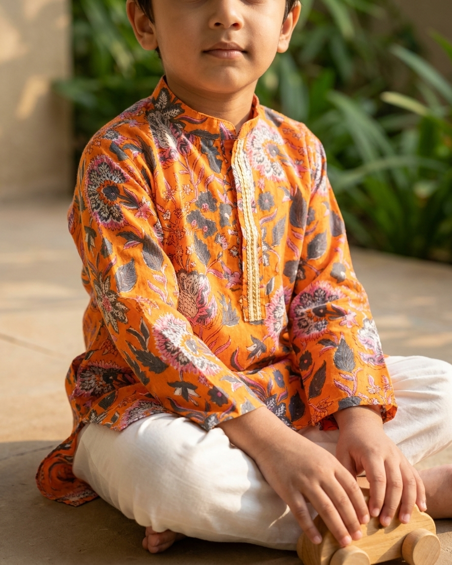 Orange Floral Cotton Kurta Set