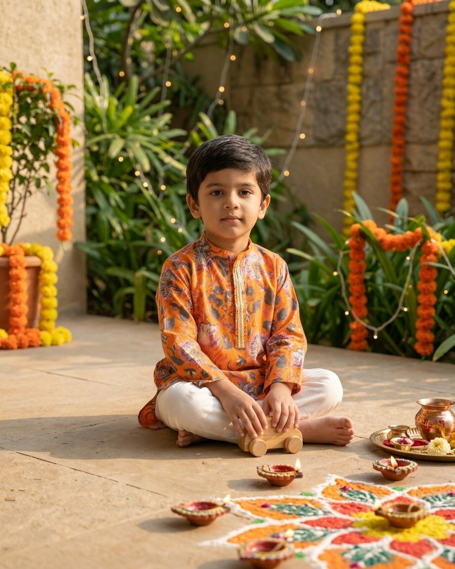 Orange Floral Cotton Kurta Set
