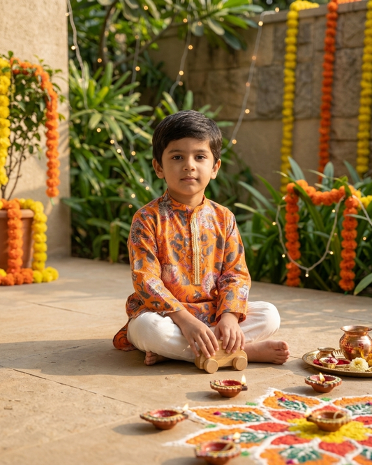 Orange Floral Cotton Kurta Set