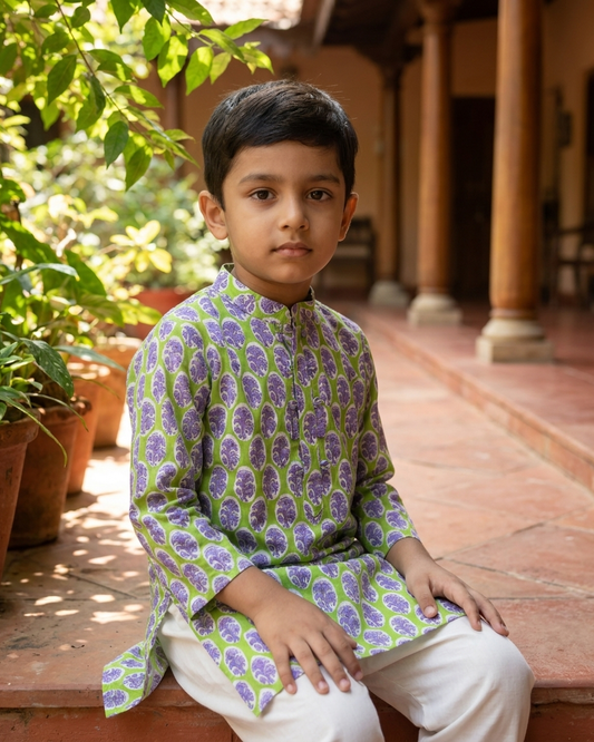 Green Purple Printed Cotton Kurta Set