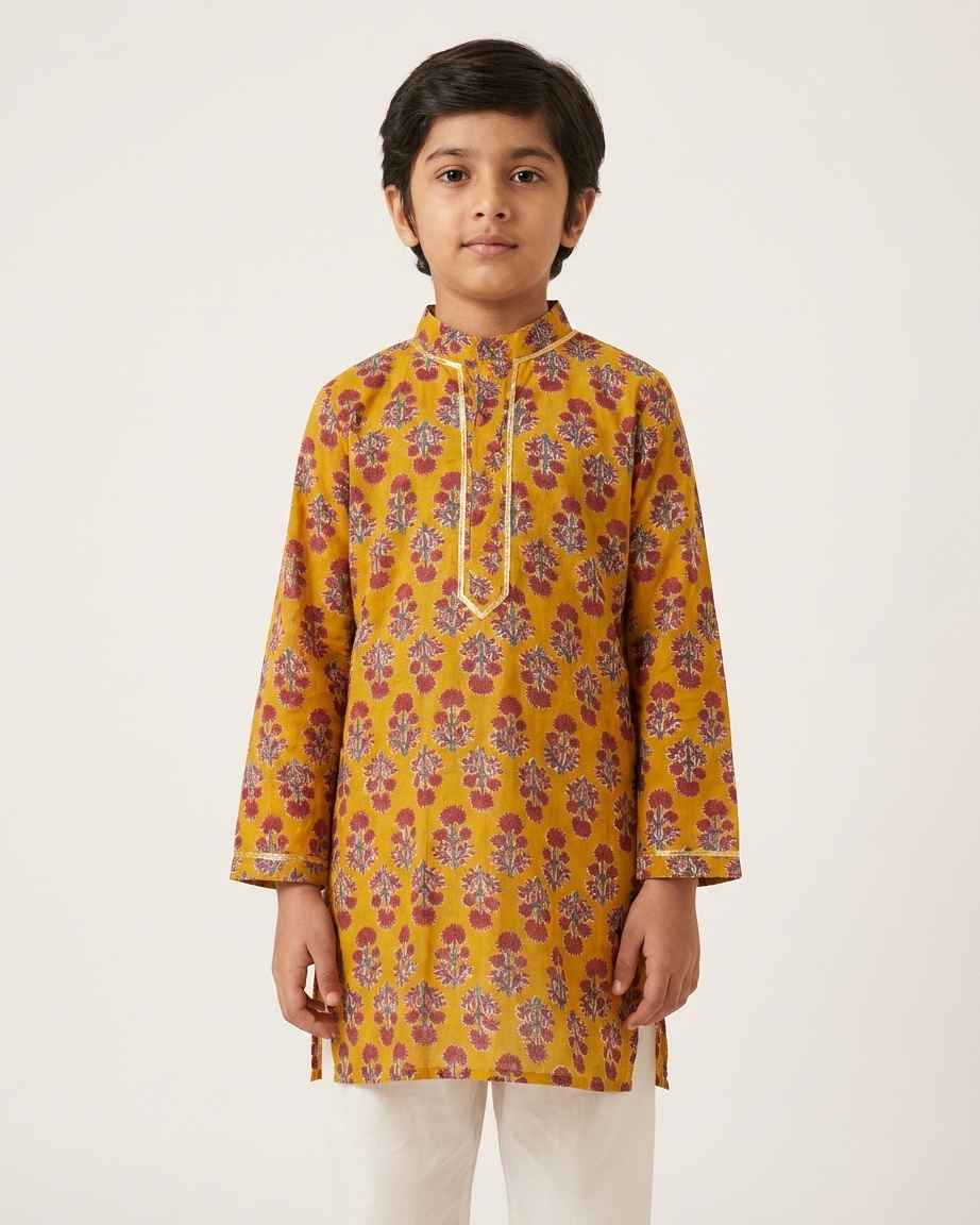 Mustard Red Floral Cotton Kurta Set with White Pyjama