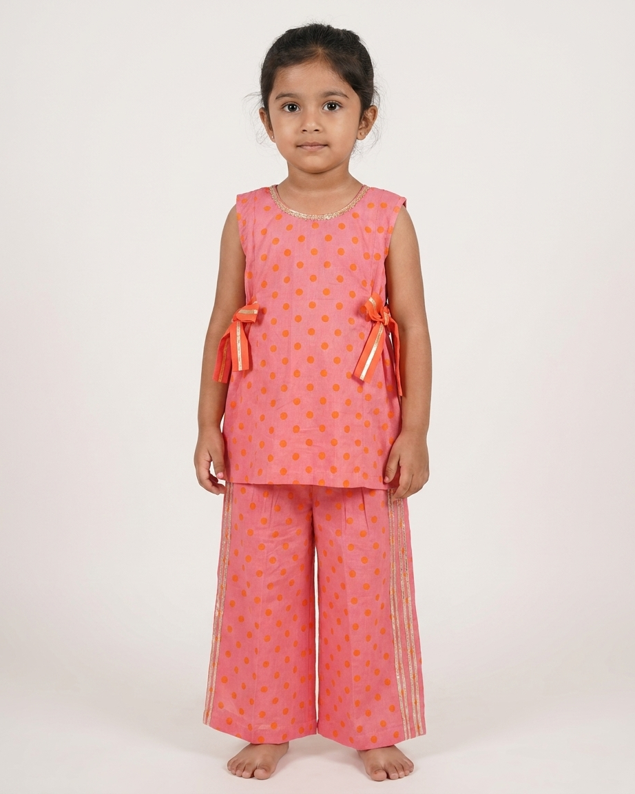 Peach Orange Polka Dot Cotton Kurti Palazzo Set