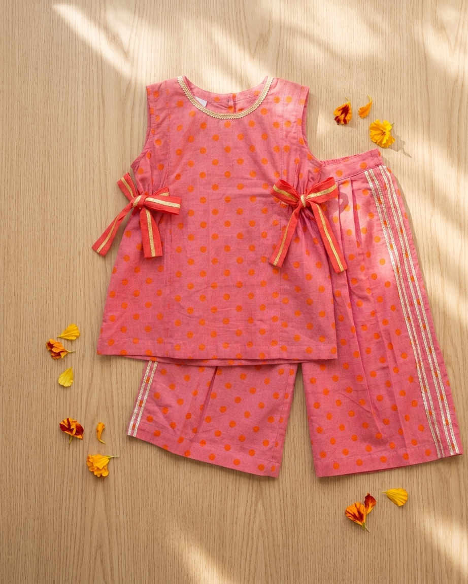Peach Orange Polka Dot Cotton Kurti Palazzo Set
