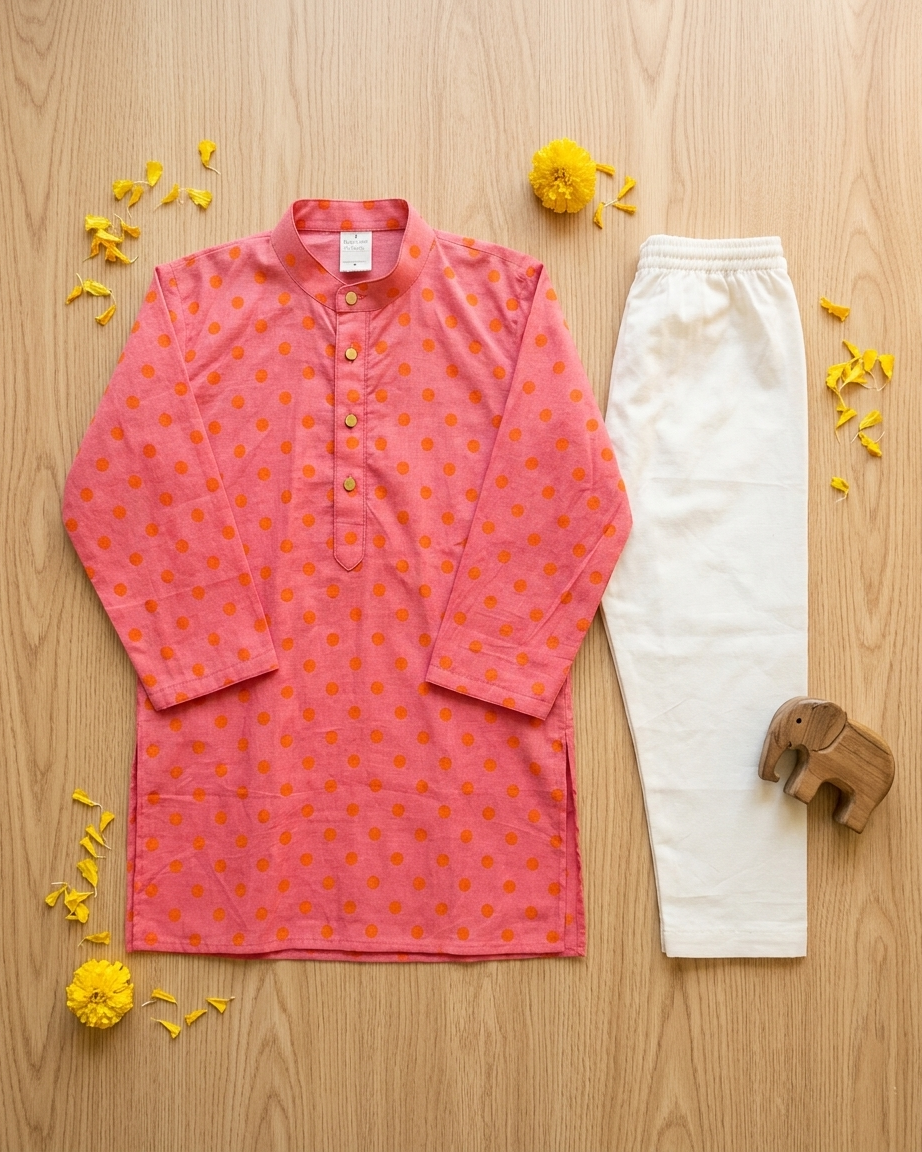 Peach Orange Polka Dot Cotton Kurta Set with White Pyjama