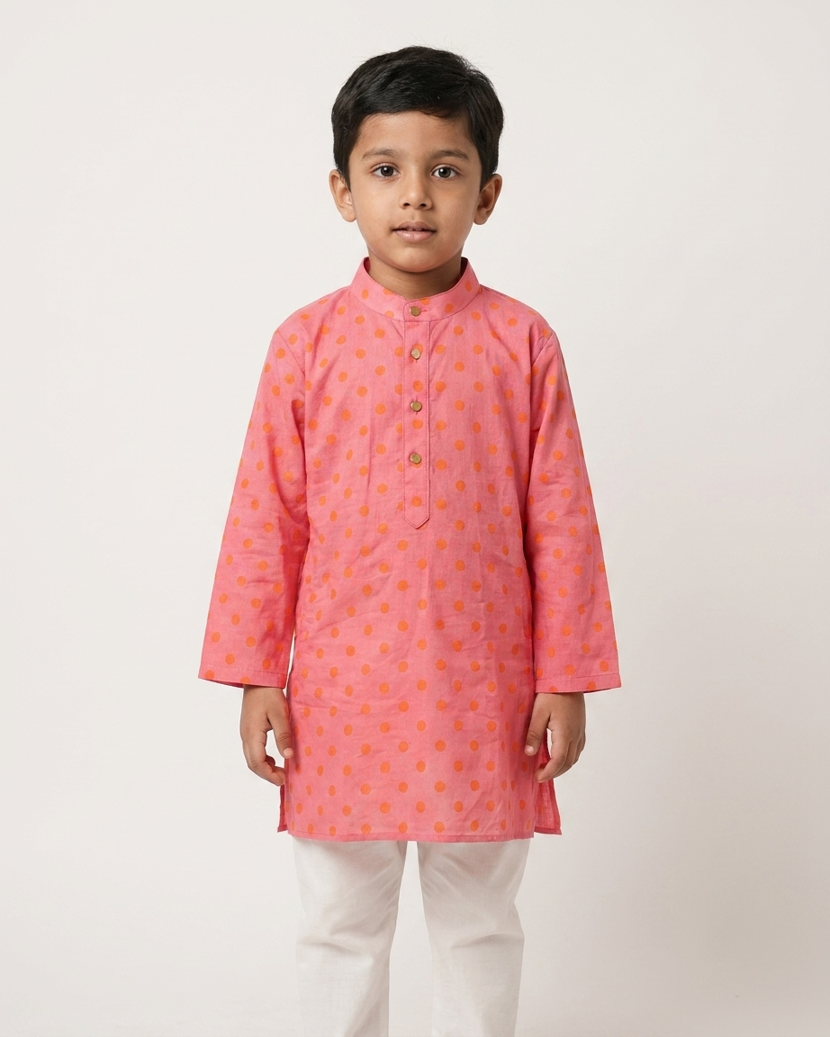 Peach Orange Polka Dot Cotton Kurta Set with White Pyjama