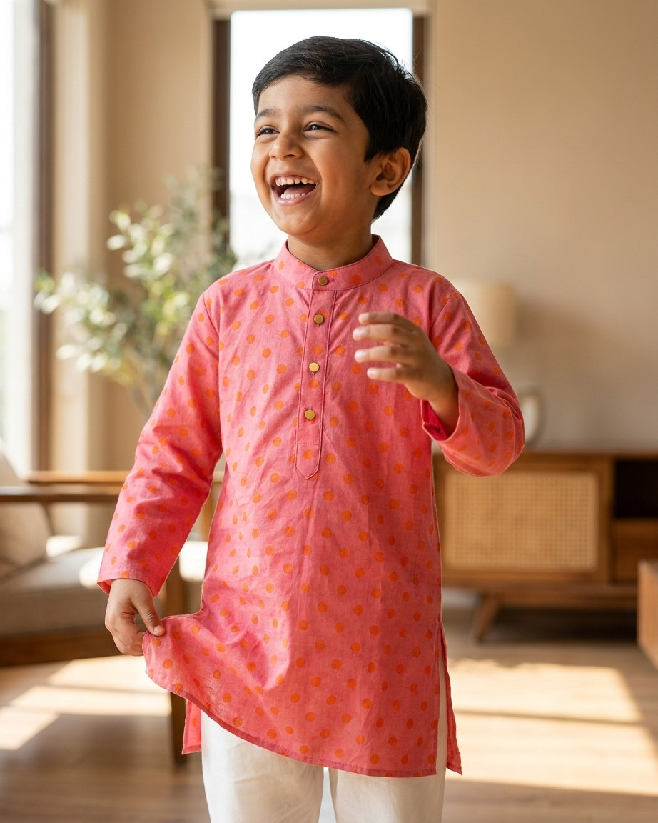 Peach Orange Polka Dot Cotton Kurta Set with White Pyjama