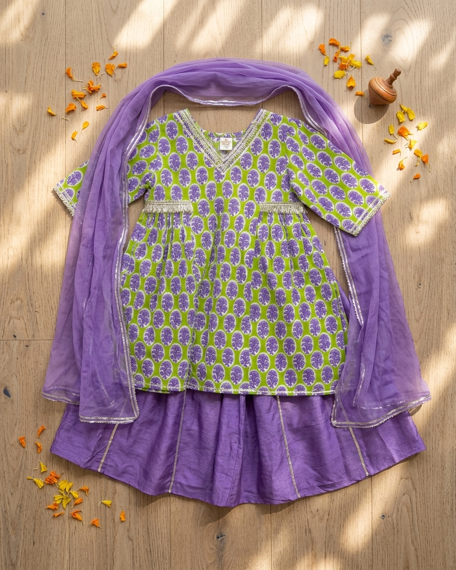 Green Purple Printed Cotton Sharara Set with Dupatta