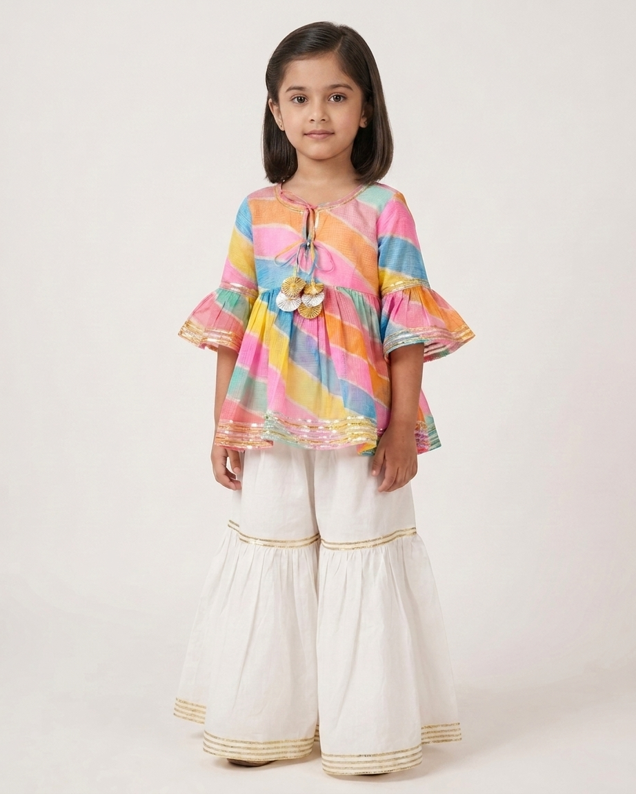 Multicolour Kota Doria Peplum Sharara Set