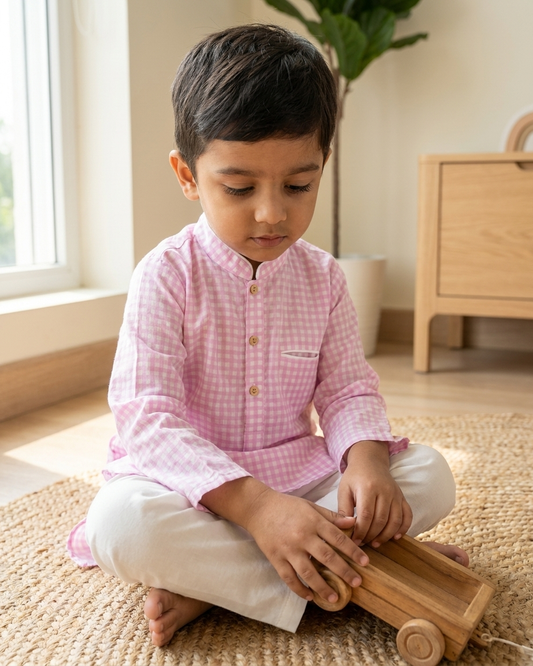Pink Check Cotton Kurta Set