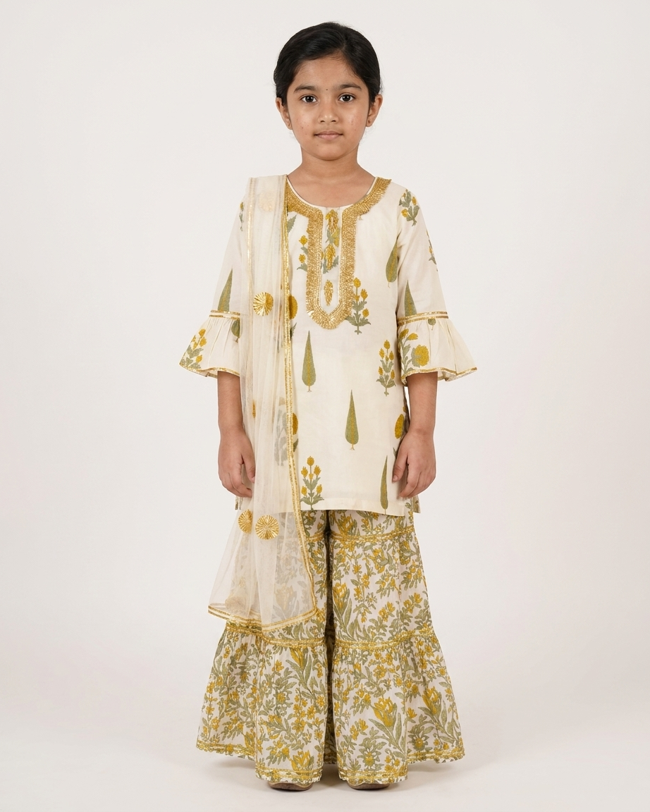 Off-White Jaipuri Floral Cotton Sharara Set with Dupatta