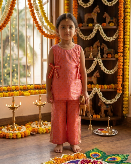 Peach Orange Polka Dot Cotton Kurti Palazzo Set