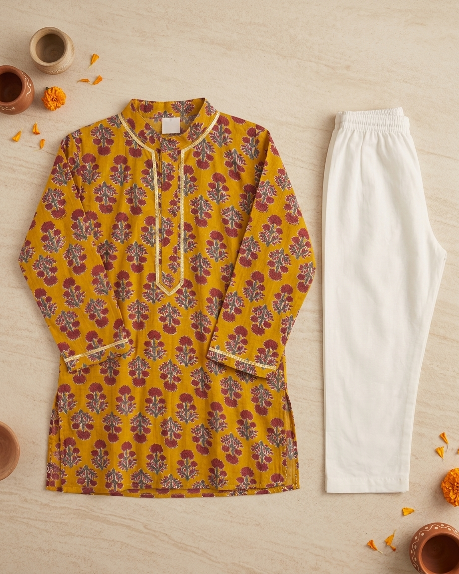 Mustard Red Floral Cotton Kurta Set with White Pyjama