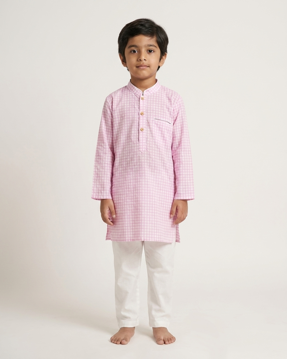 Pink Check Cotton Kurta Set