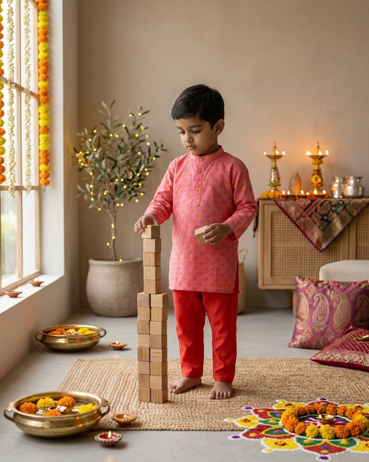 Peach Orange Polka Dot Cotton Kurta Set