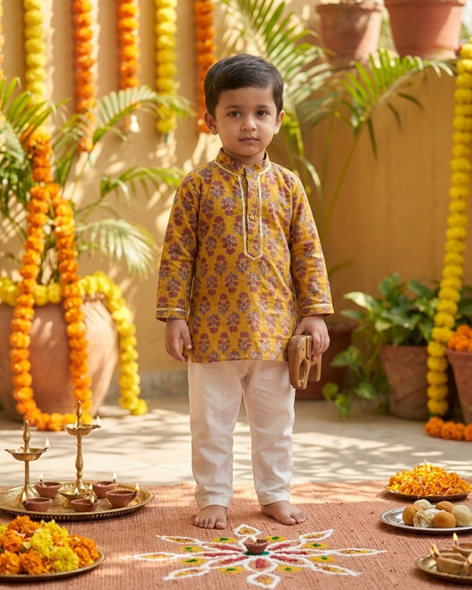 Mustard Red Floral Cotton Kurta Set with White Pyjama