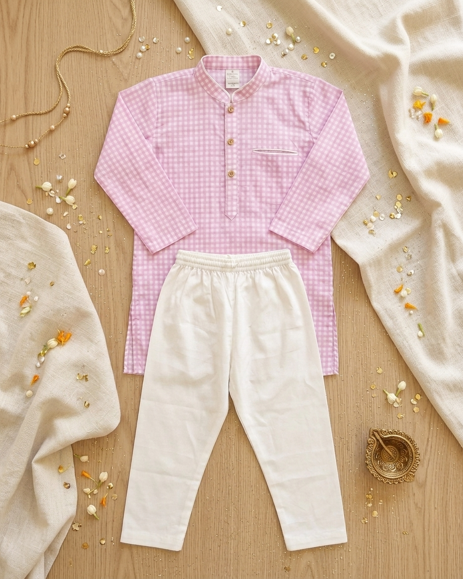 Pink Check Cotton Kurta Set