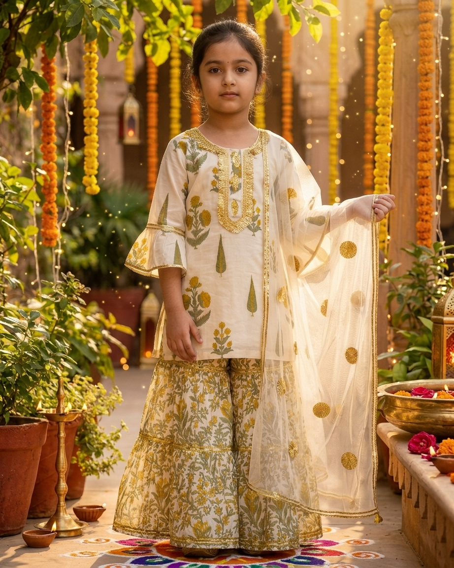 Off-White Jaipuri Floral Cotton Sharara Set with Dupatta