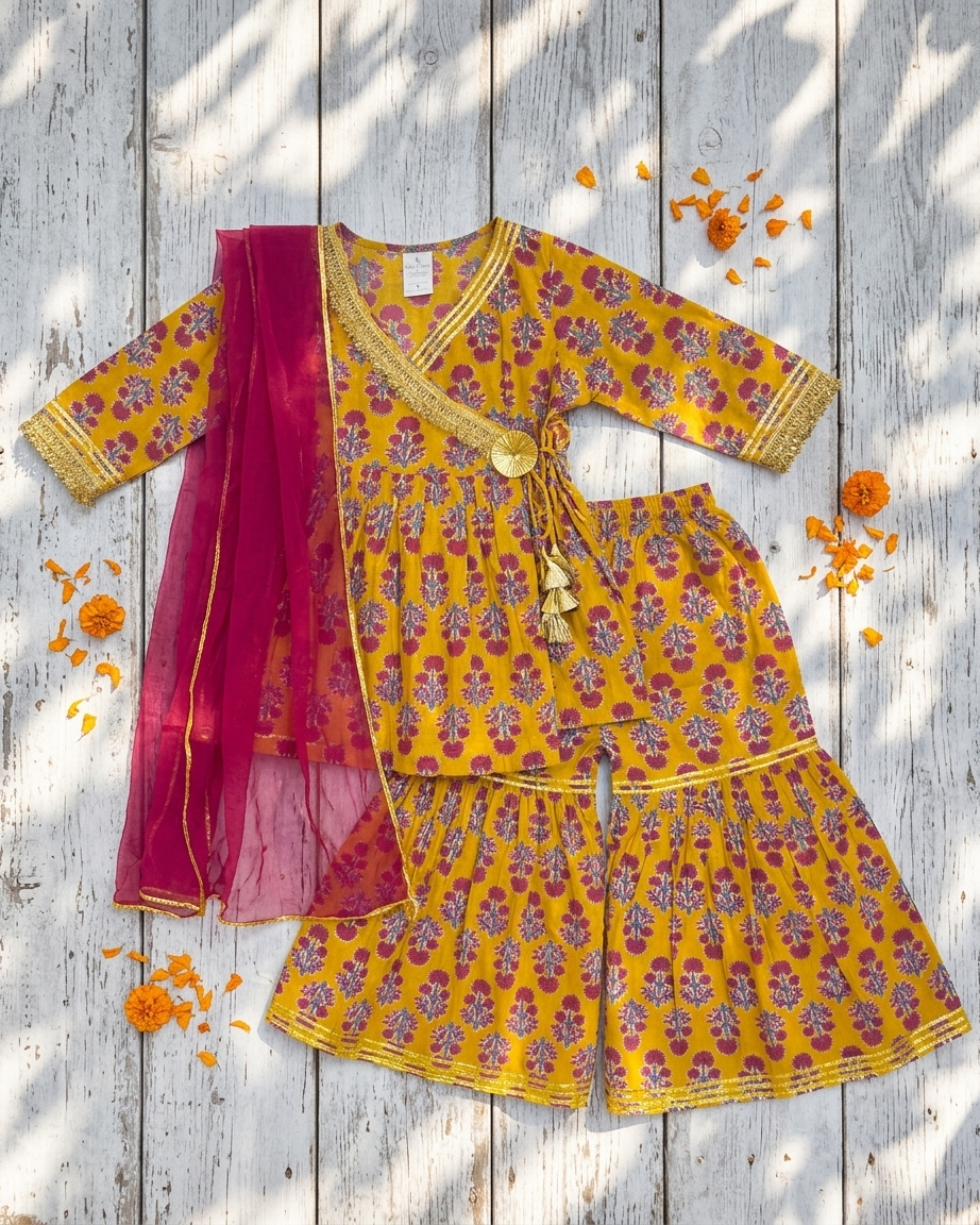 Mustard Red Floral Cotton Gharara Set with Dupatta