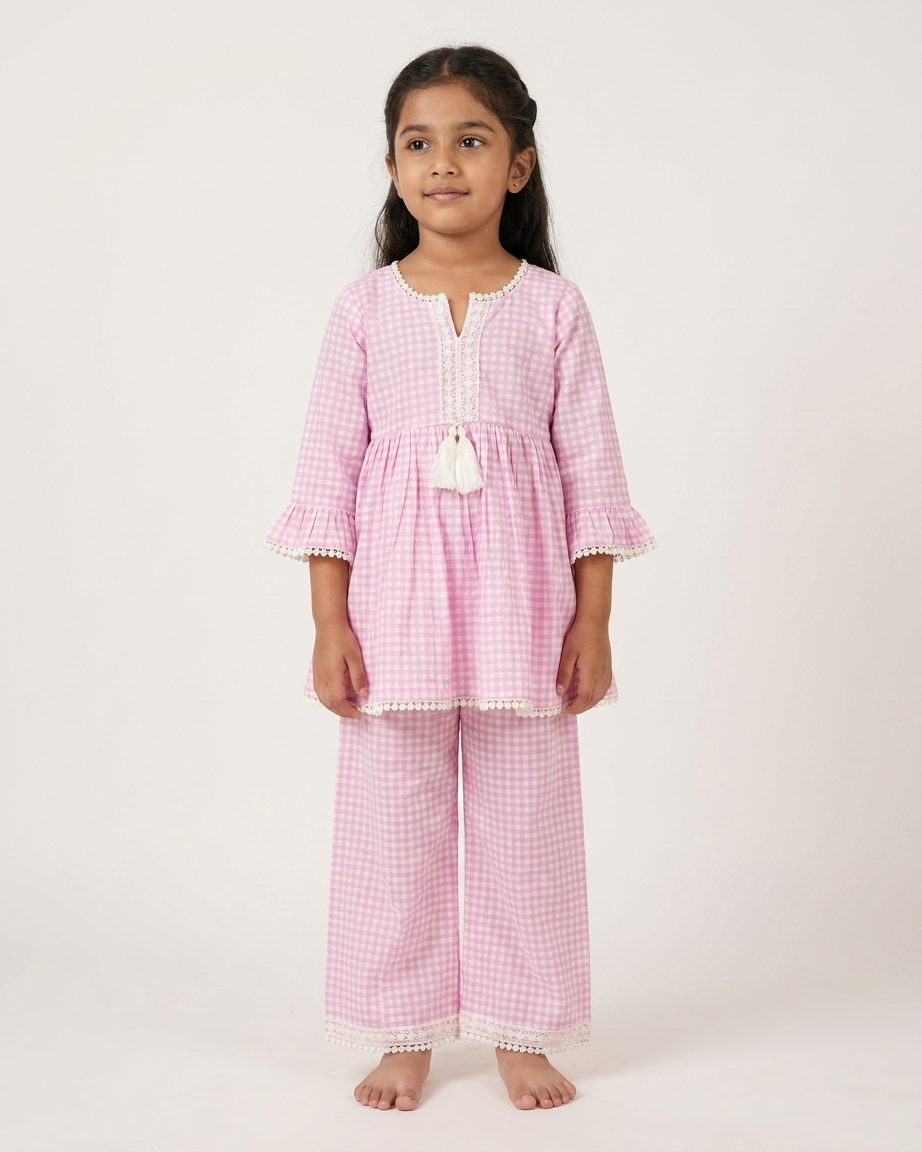 Pink Check Cotton Tunic Palazzo Set