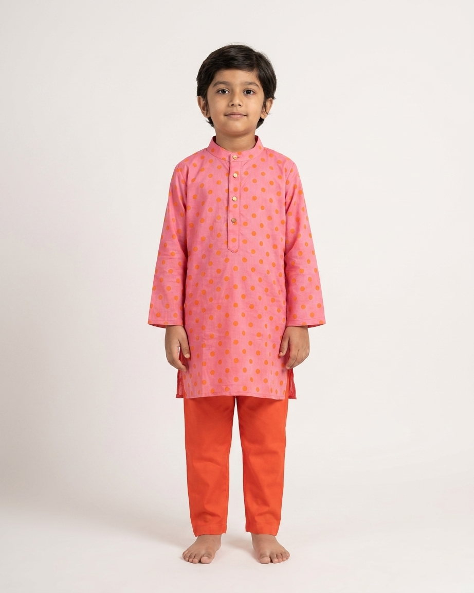Peach Orange Polka Dot Cotton Kurta Set