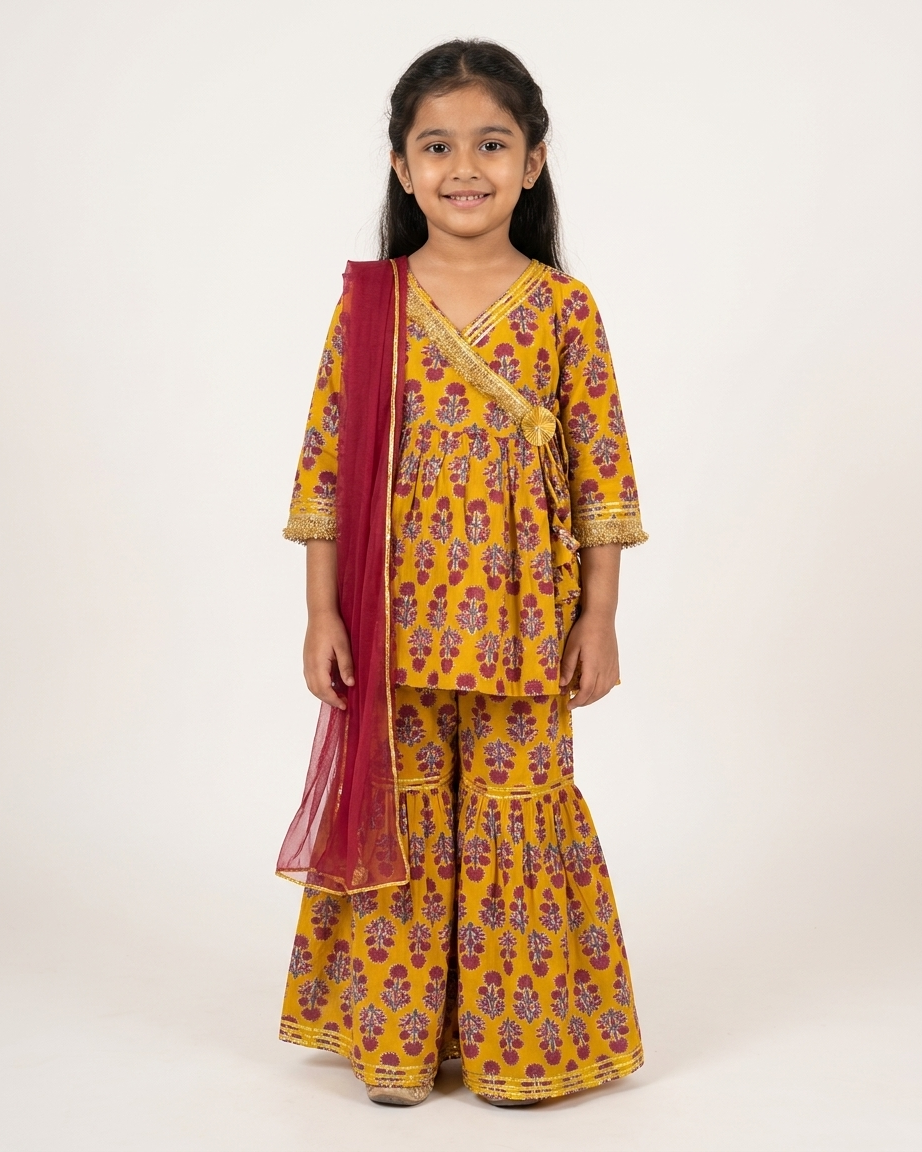 Mustard Red Floral Cotton Gharara Set with Dupatta