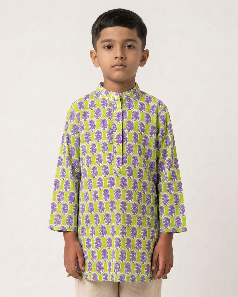 Green Purple Printed Cotton Kurta Set