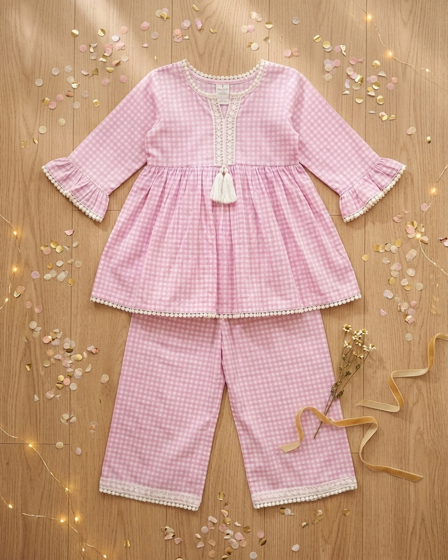 Pink Check Cotton Tunic Palazzo Set
