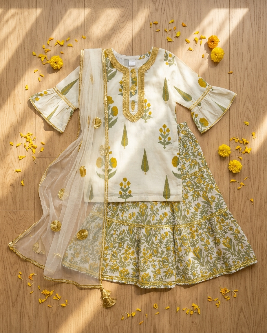 Off-White Jaipuri Floral Cotton Sharara Set with Dupatta