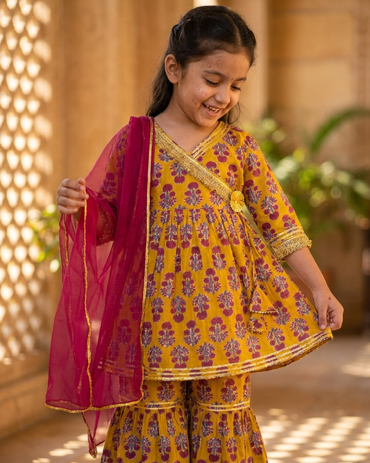 Mustard Red Floral Cotton Gharara Set with Dupatta