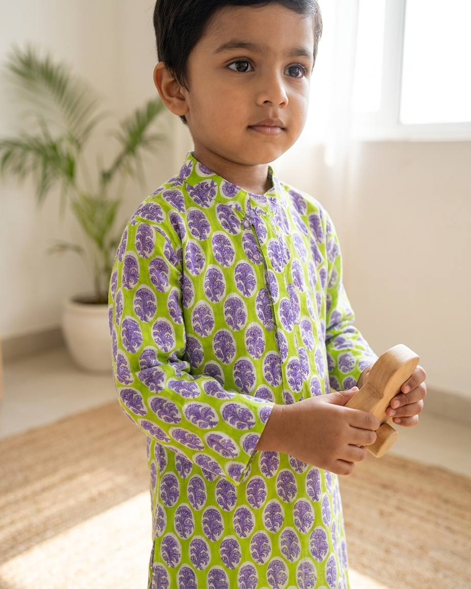 Green Purple Printed Cotton Kurta Set