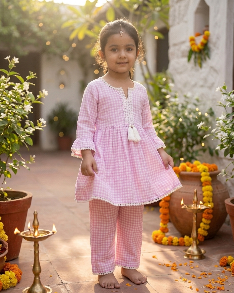 Pink Check Cotton Tunic Palazzo Set