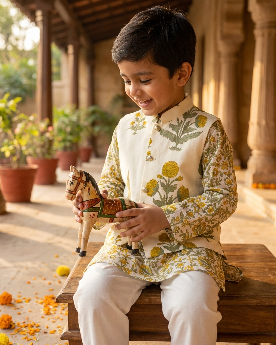Off-White Floral Cotton Jacket Kurta Set