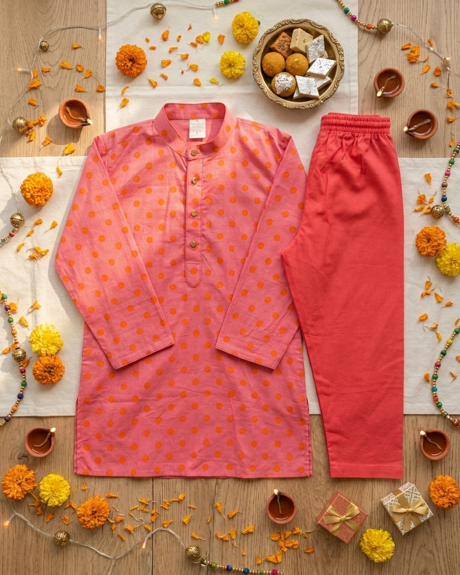 Peach Orange Polka Dot Cotton Kurta Set