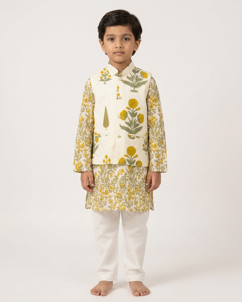 Off-White Floral Cotton Jacket Kurta Set