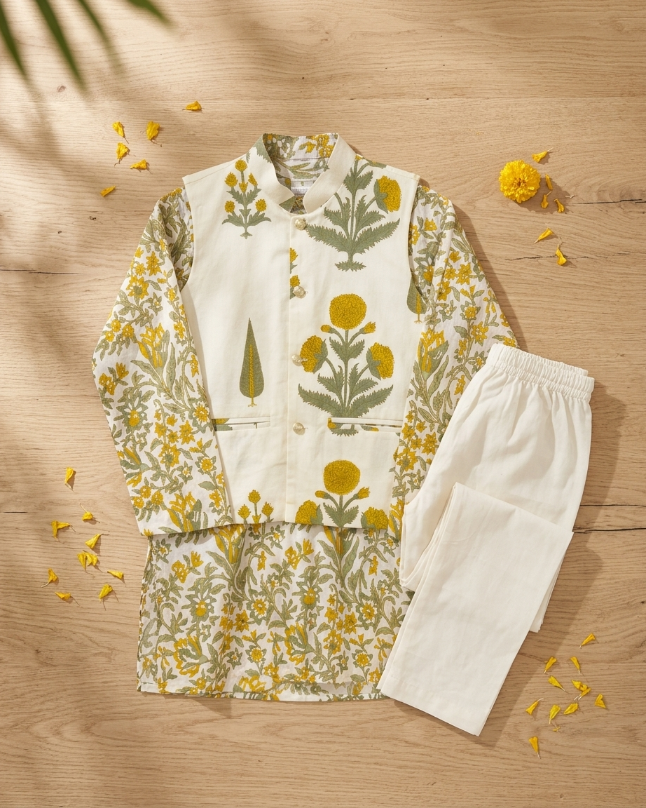 Off-White Floral Cotton Jacket Kurta Set